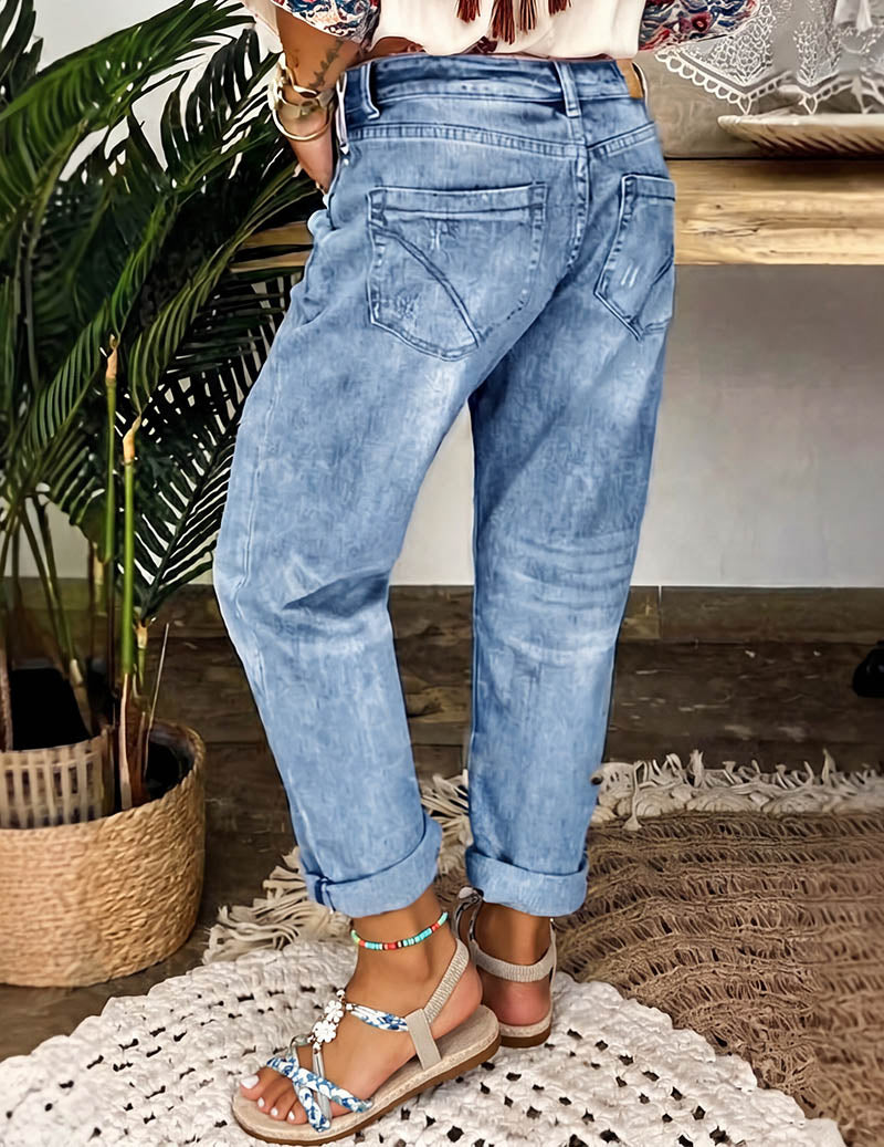 Ekouaer Distressed Straight-Leg Jeans High-Waist Button-Fly Ripped Denim Pants - Blue
