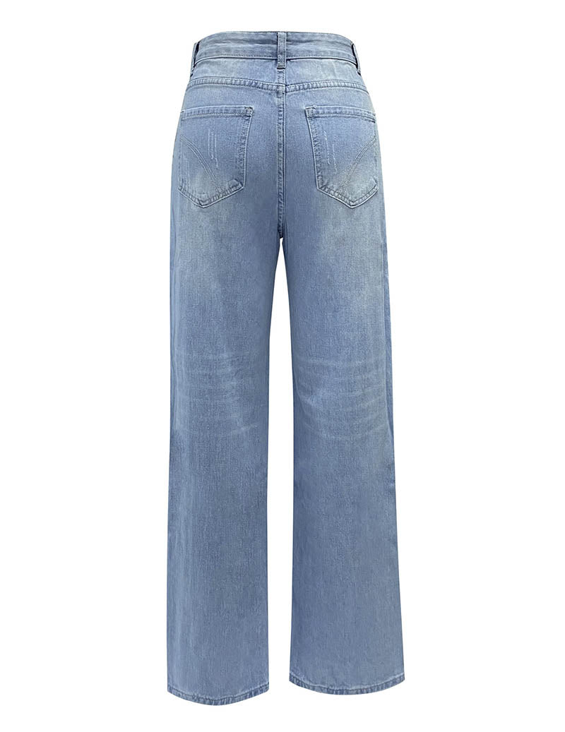 Ekouaer Distressed Straight-Leg Jeans High-Waist Button-Fly Ripped Denim Pants - Blue