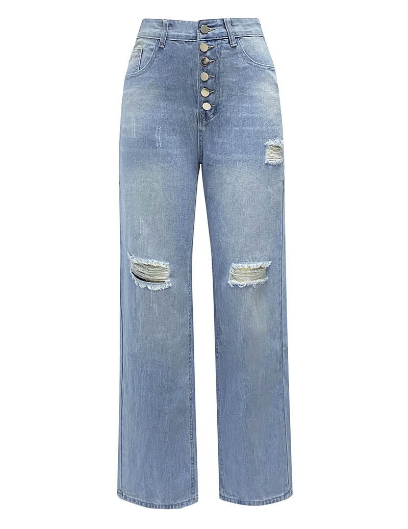 Ekouaer Distressed Straight-Leg Jeans High-Waist Button-Fly Ripped Denim Pants - Blue