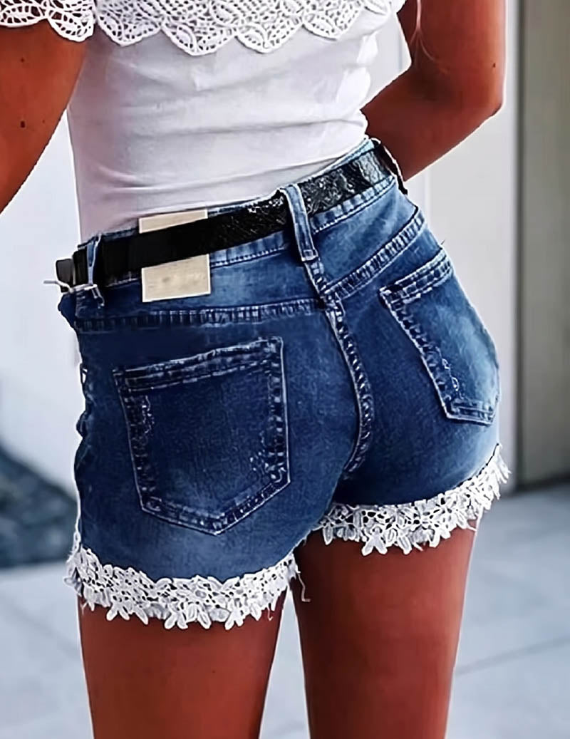 Ekouaer Denim Shorts Lace Trim High-Waist Jean Shorts - Deep Blue