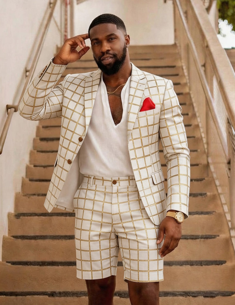 Cream blazer and shorts in check pattern with gold trim; red pocket square.