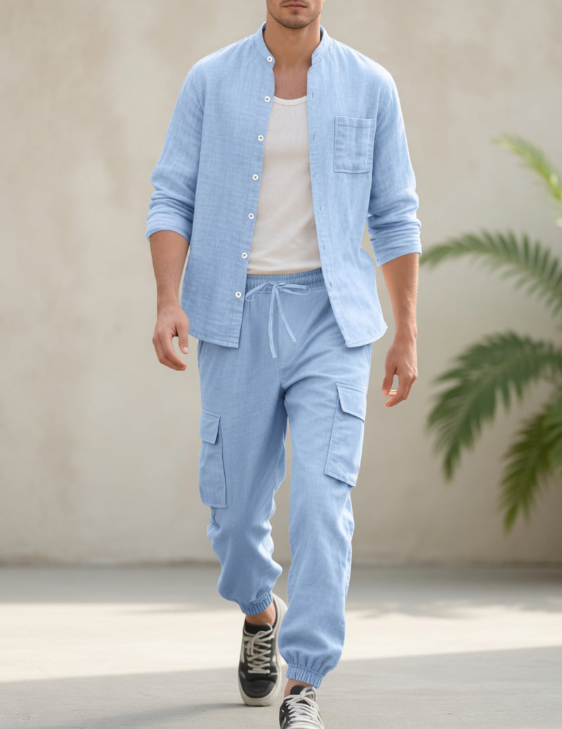 Blue linen two-piece set: mandarin-collar long-sleeve shirt and cargo pants with pockets