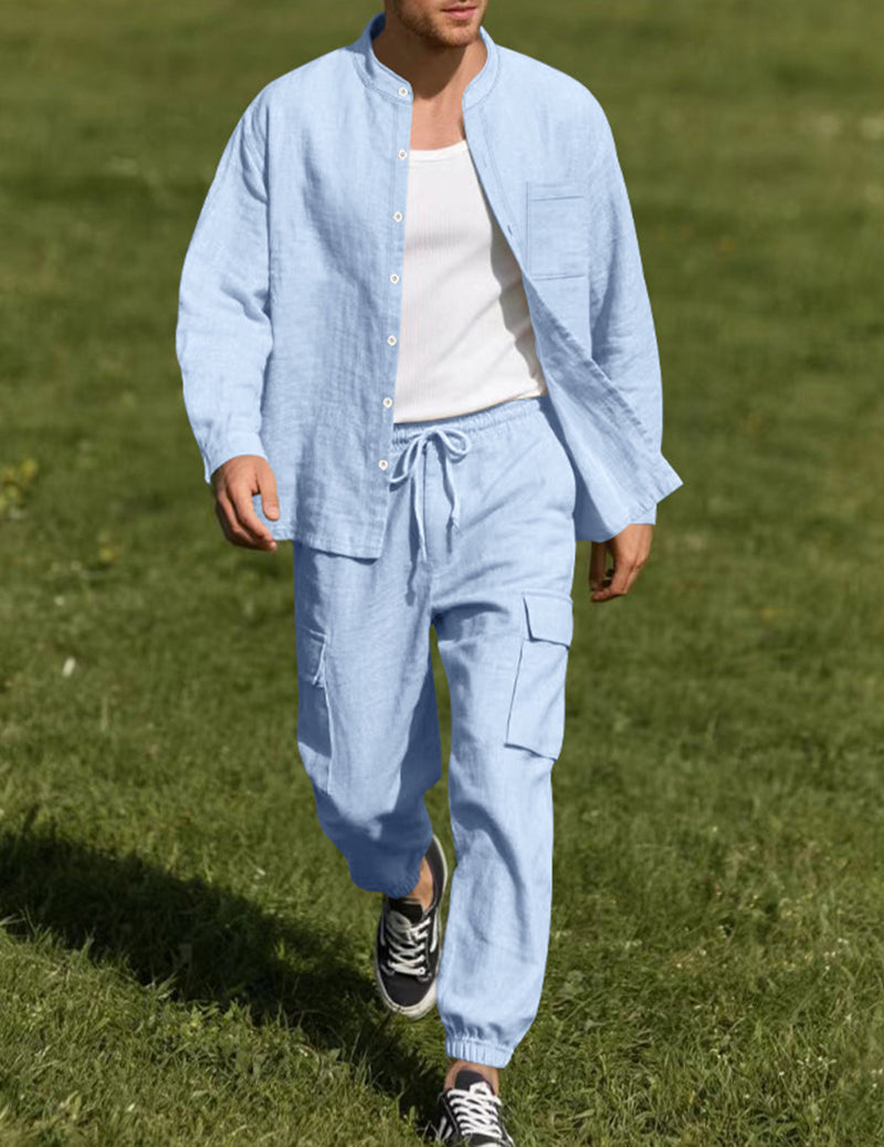 Powder blue linen mandarin-collar shirt and cargo pants with drawstring waist and cargo pockets
