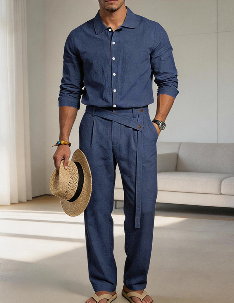 Men's Casual Linen Mandarin Collar Long Sleeve Shirt and Belted Pants Two Piece Set