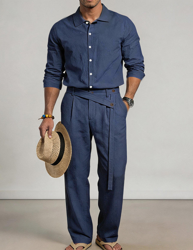 Men's Casual Linen Mandarin Collar Long Sleeve Shirt and Belted Pants Two Piece Set