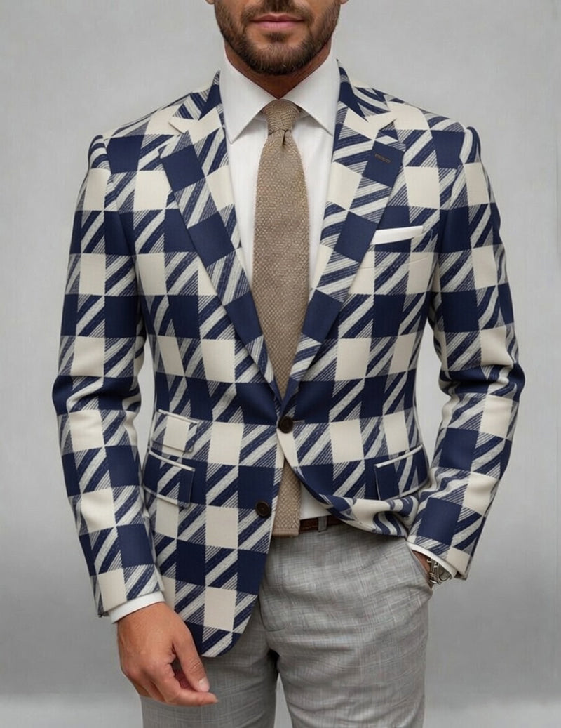 Slim-fit plaid blazer in blue-and-white checks, notched lapels and flap pockets