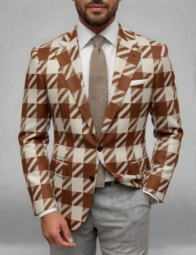 Slim-fit plaid blazer, white-and-khaki check pattern, brown buttons and lapels