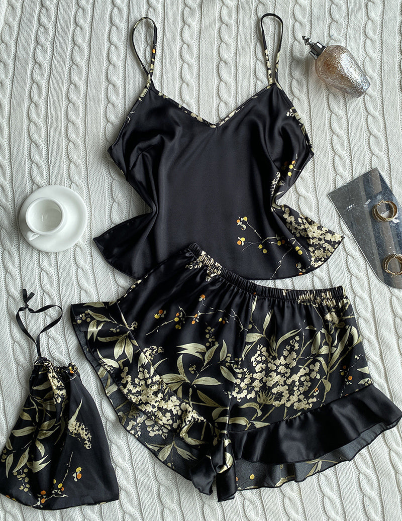 Satin Floral Print Cami Pajama Set with Ruffle Shorts