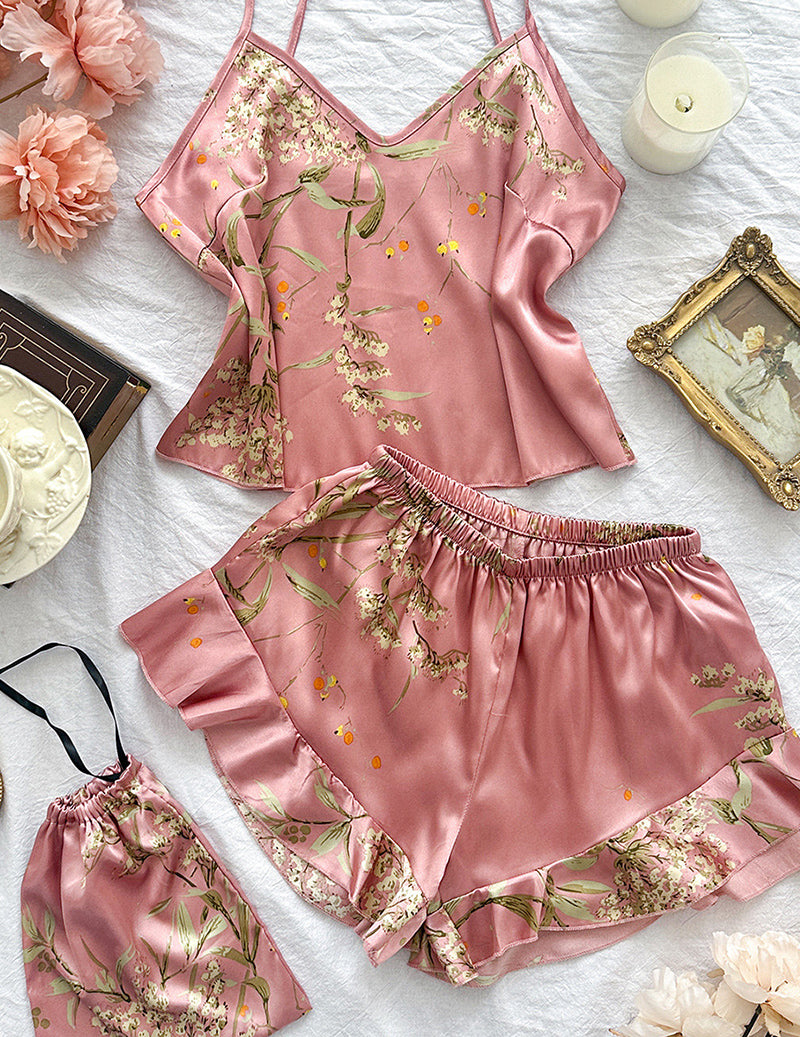 Satin Floral Print Cami Pajama Set with Ruffle Shorts