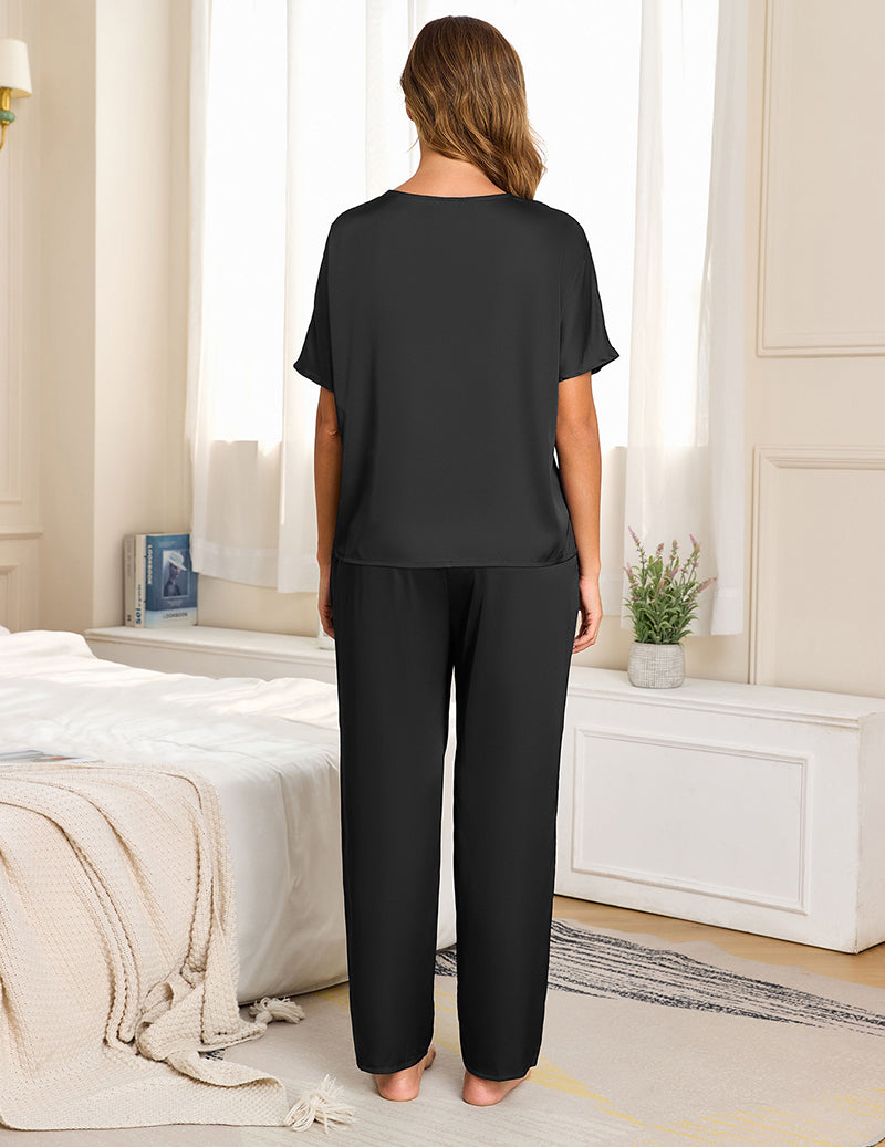 Satin V-Neck Drawstring Pajama Set - Black