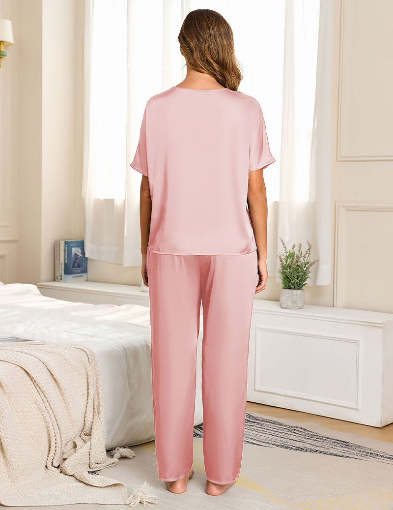 Satin V-Neck Drawstring Pajama Set - Pink