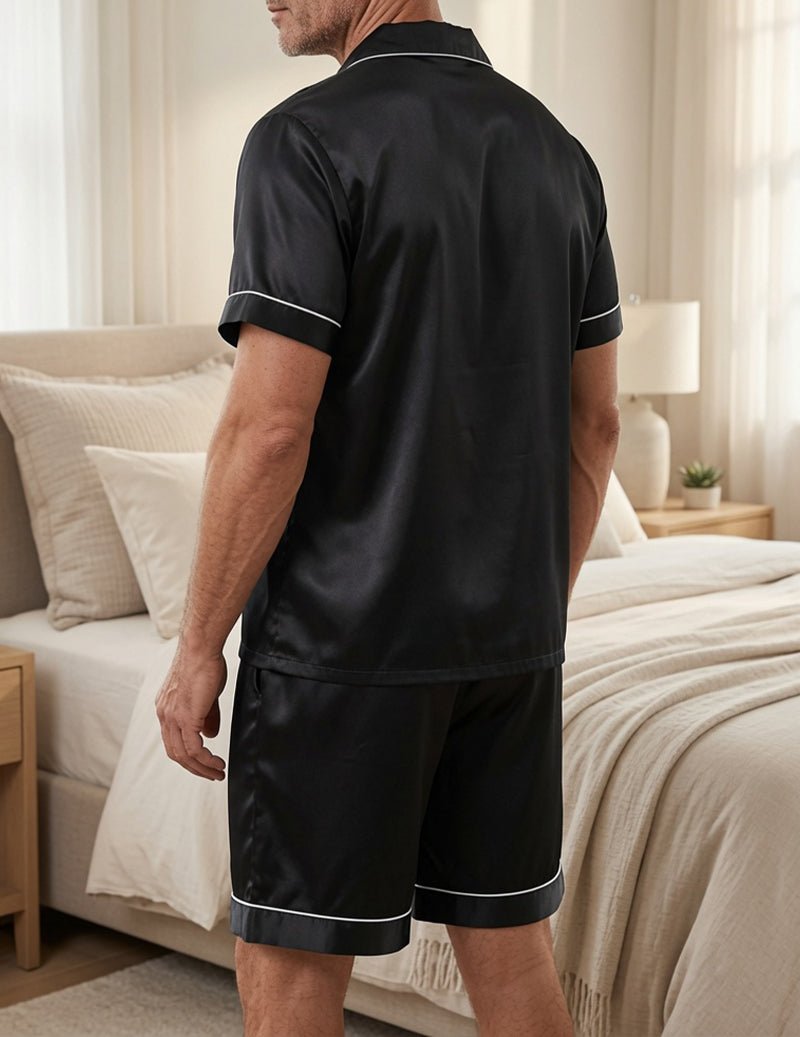 Men's Satin Short Sleeve Pajama Set - Button Down Shirt & Shorts Sleepwear