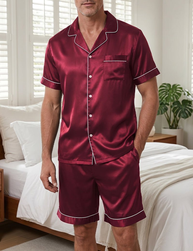 Men's Satin Short Sleeve Pajama Set - Button Down Shirt & Shorts Sleepwear