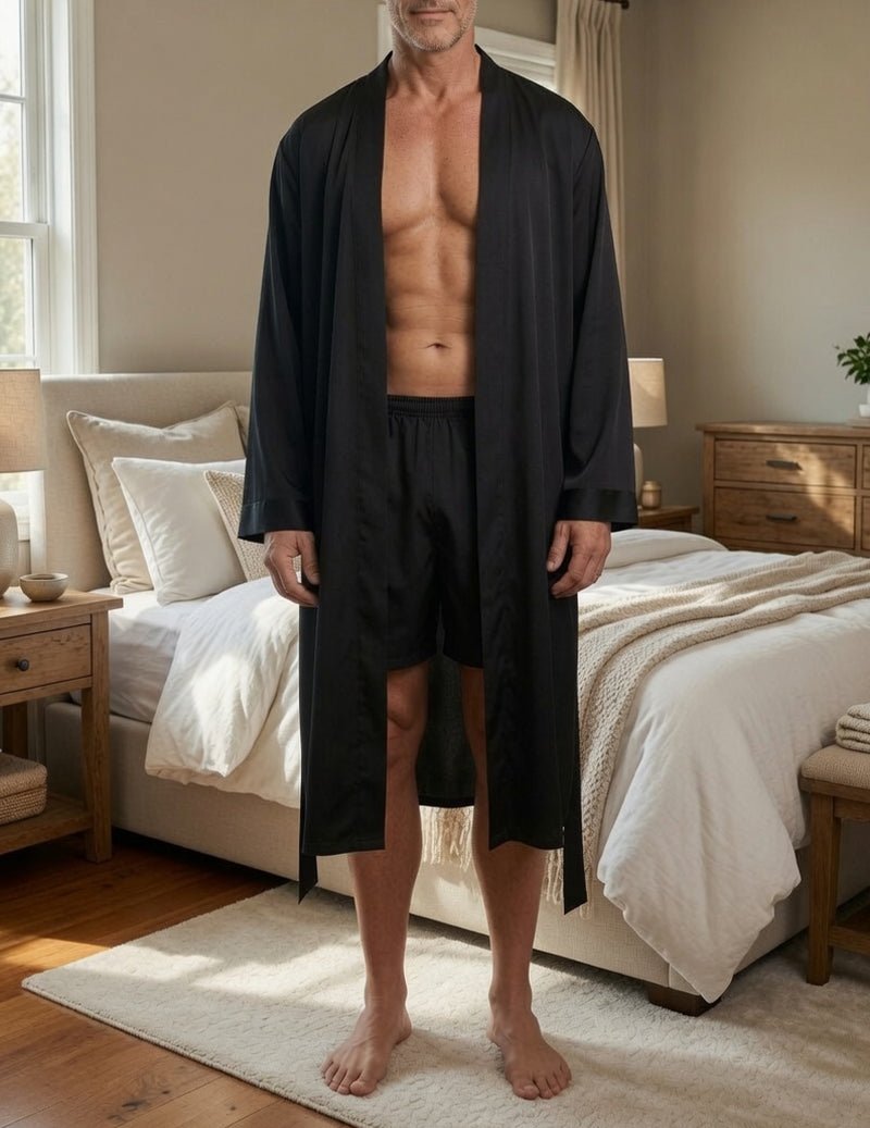 Men's Satin Robe & Shorts Set - 2 Piece Long Kimono Loungewear