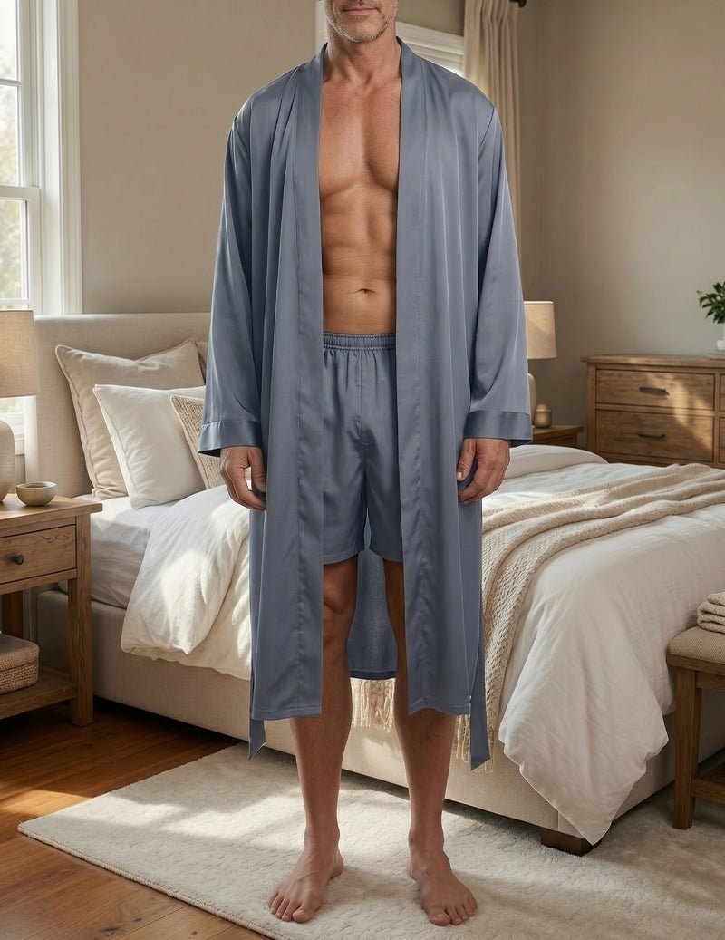 Men's Satin Robe & Shorts Set - 2 Piece Long Kimono Loungewear
