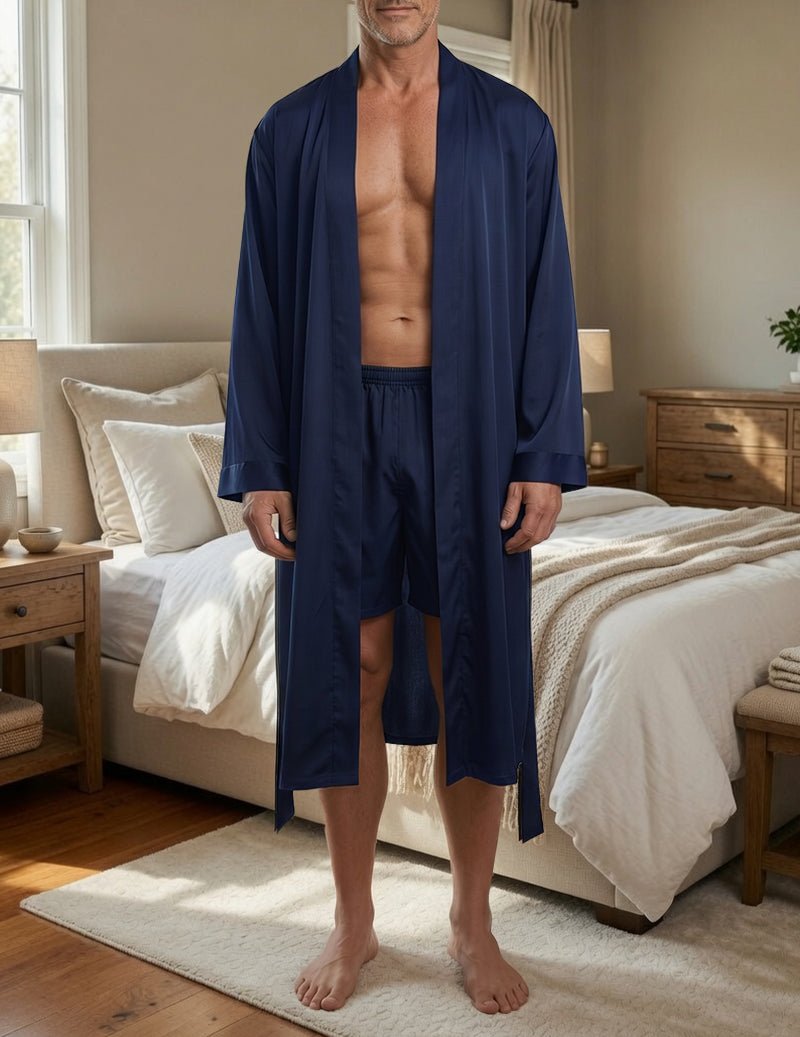 Men's Satin Robe & Shorts Set - 2 Piece Long Kimono Loungewear