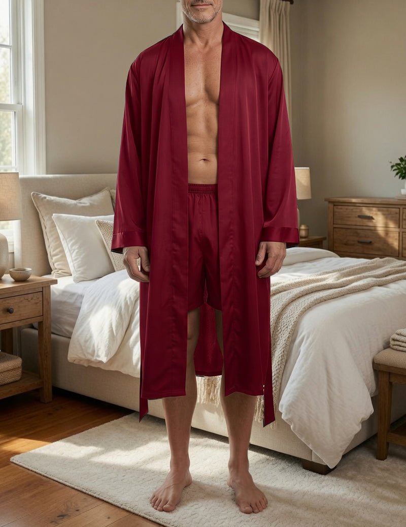 Men's Satin Robe & Shorts Set - 2 Piece Long Kimono Loungewear