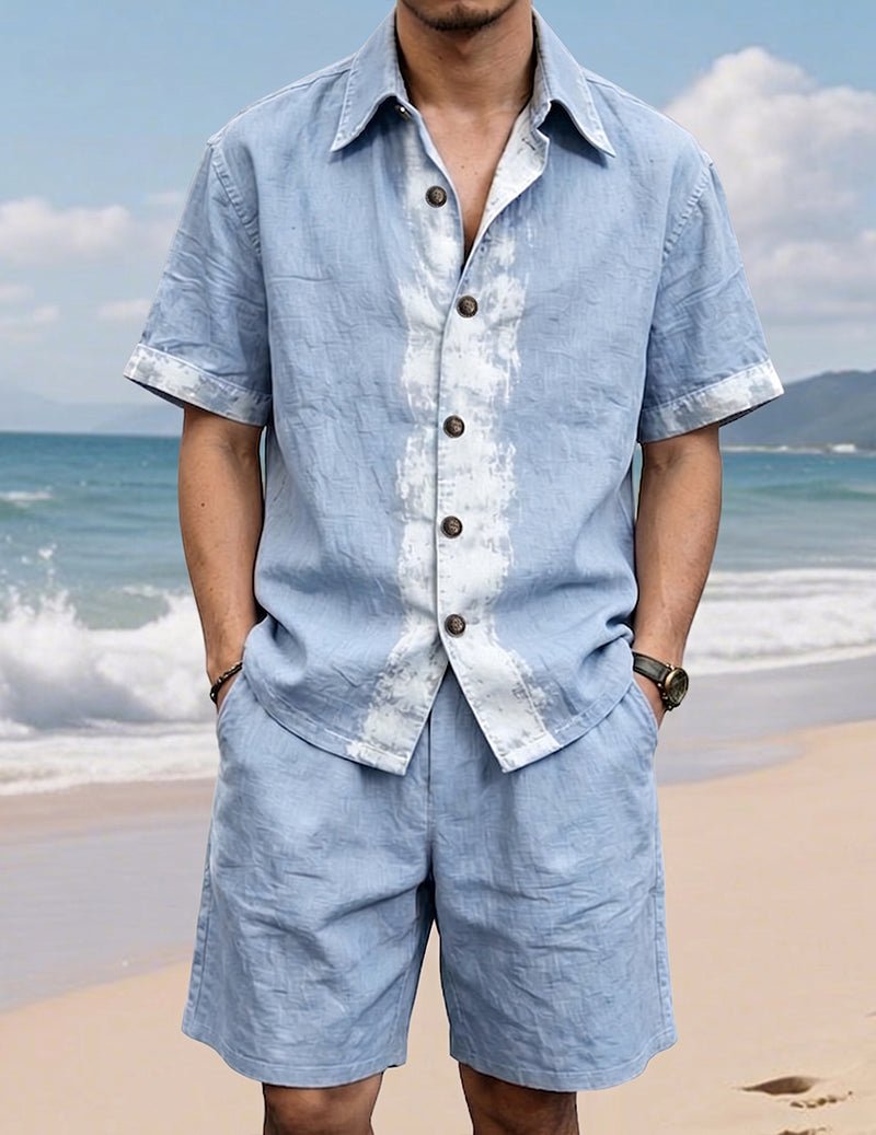 Men's Linen Colorblock Shirt & Shorts Set - 2 Piece Casual Summer Outfit