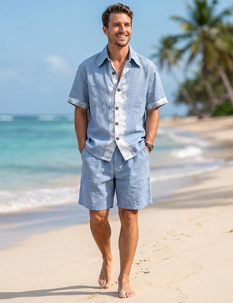 Men's Linen Colorblock Shirt & Shorts Set - 2 Piece Casual Summer Outfit