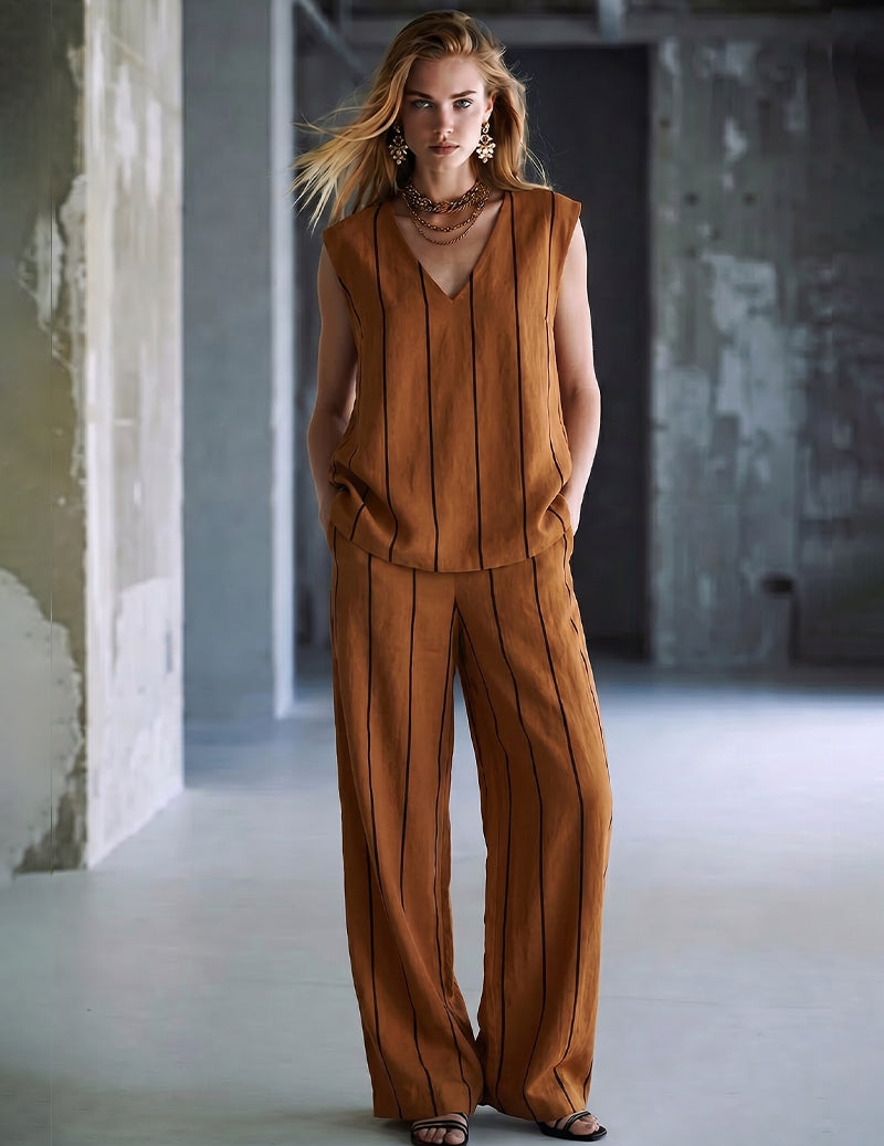 Caramel brown ribbed V-neck jumpsuit with vertical stripes, slim fit, wide-leg pants