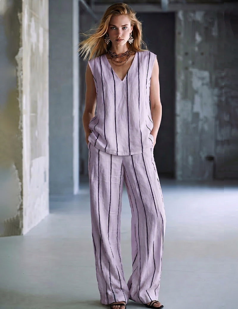 Lavender ribbed V-neck jumpsuit with vertical stripes, slim fit, wide-leg pants