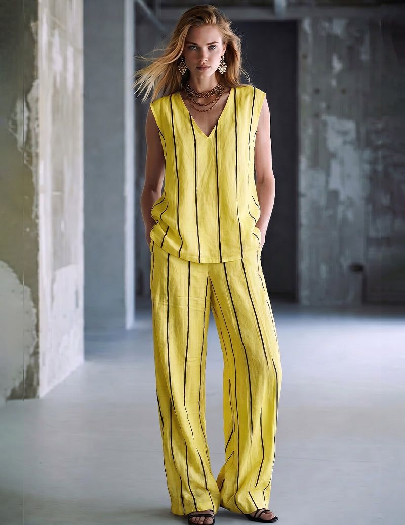 Lemon yellow ribbed V-neck jumpsuit with vertical stripes, slim fit, wide-leg pants