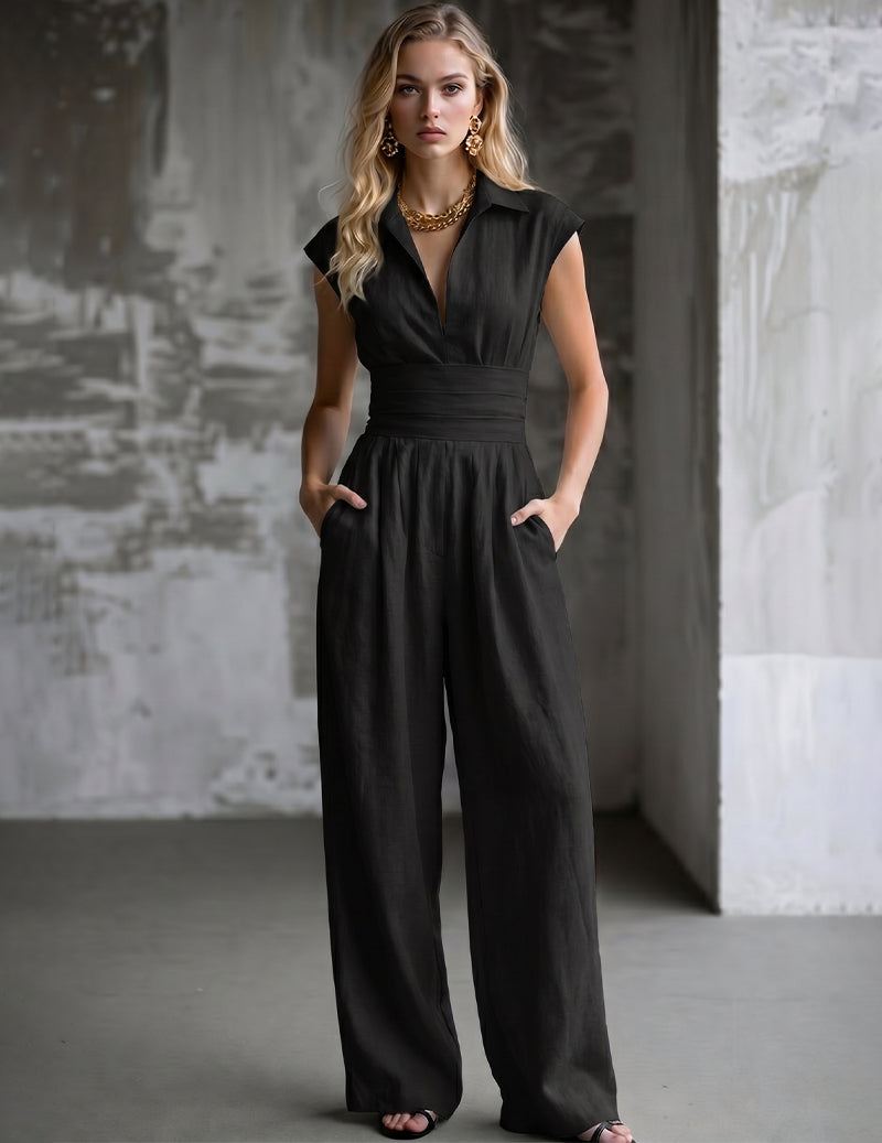 Mock-neck sleeveless slim knit jumpsuit in black, wrap-style V bodice, wide legs