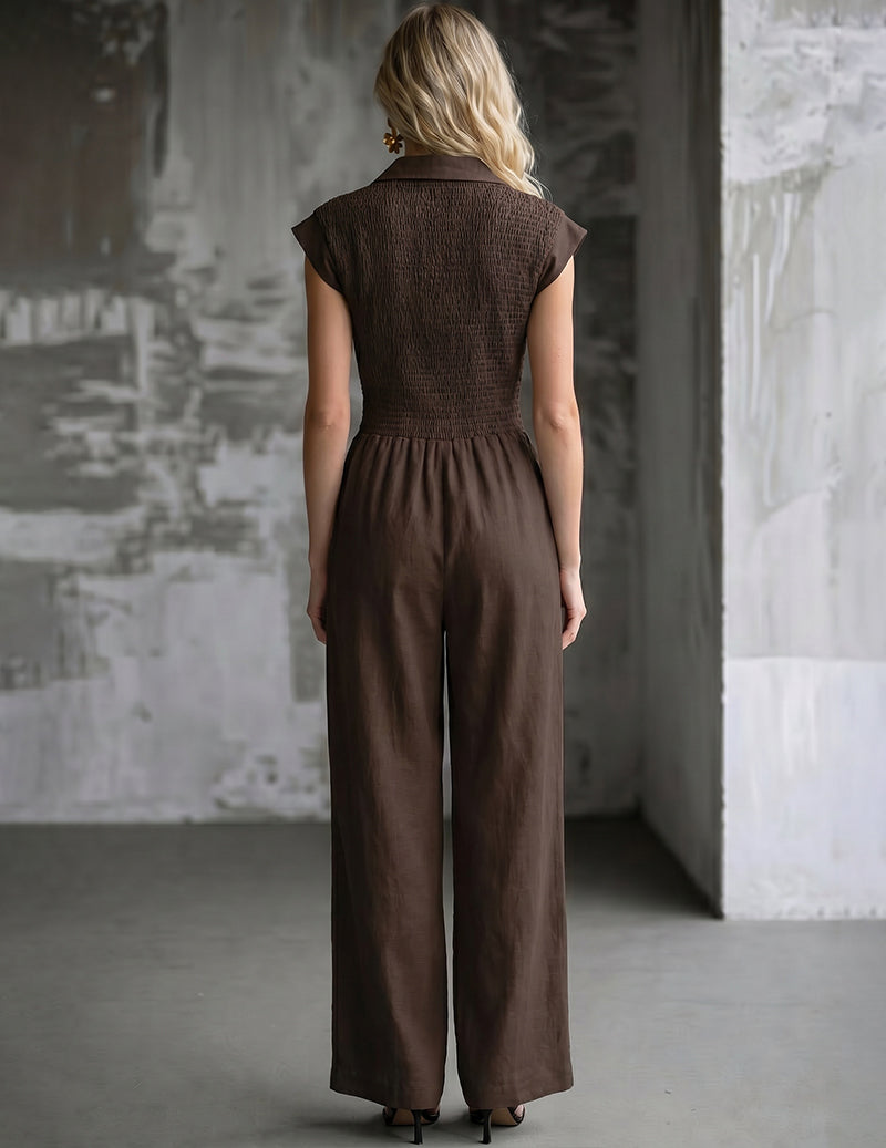Mock-neck sleeveless slim knit jumpsuit in coffee brown, back view, wide legs