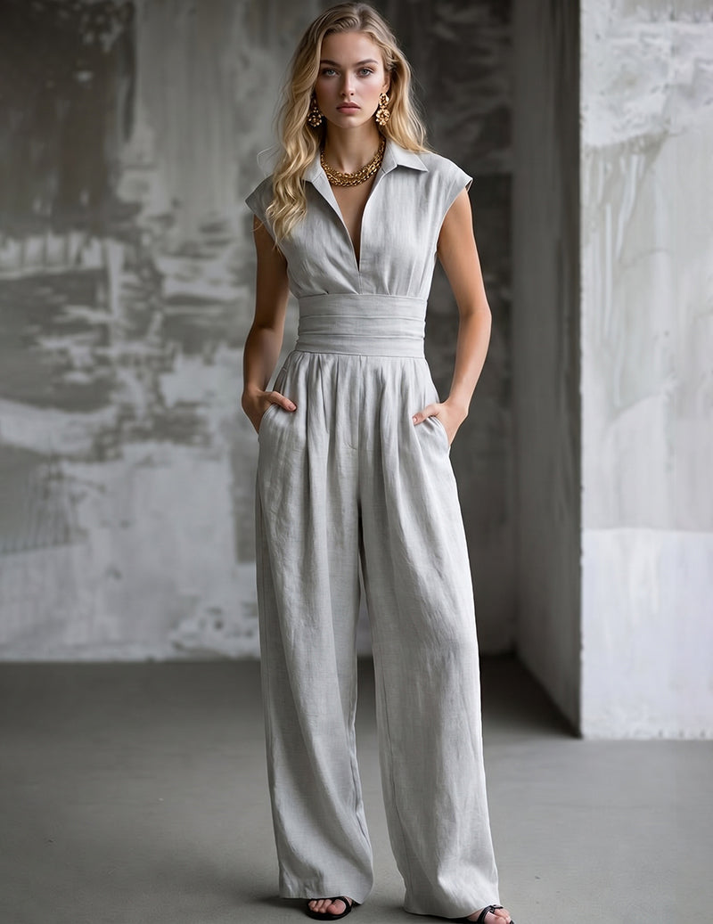 Mock-neck sleeveless slim knit jumpsuit in light gray, V-neck bodice, wide legs