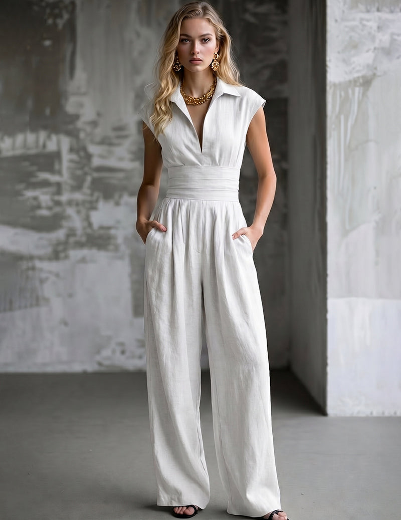 Mock-neck sleeveless slim knit jumpsuit in light gray, V-neck, smocked waist, wide legs