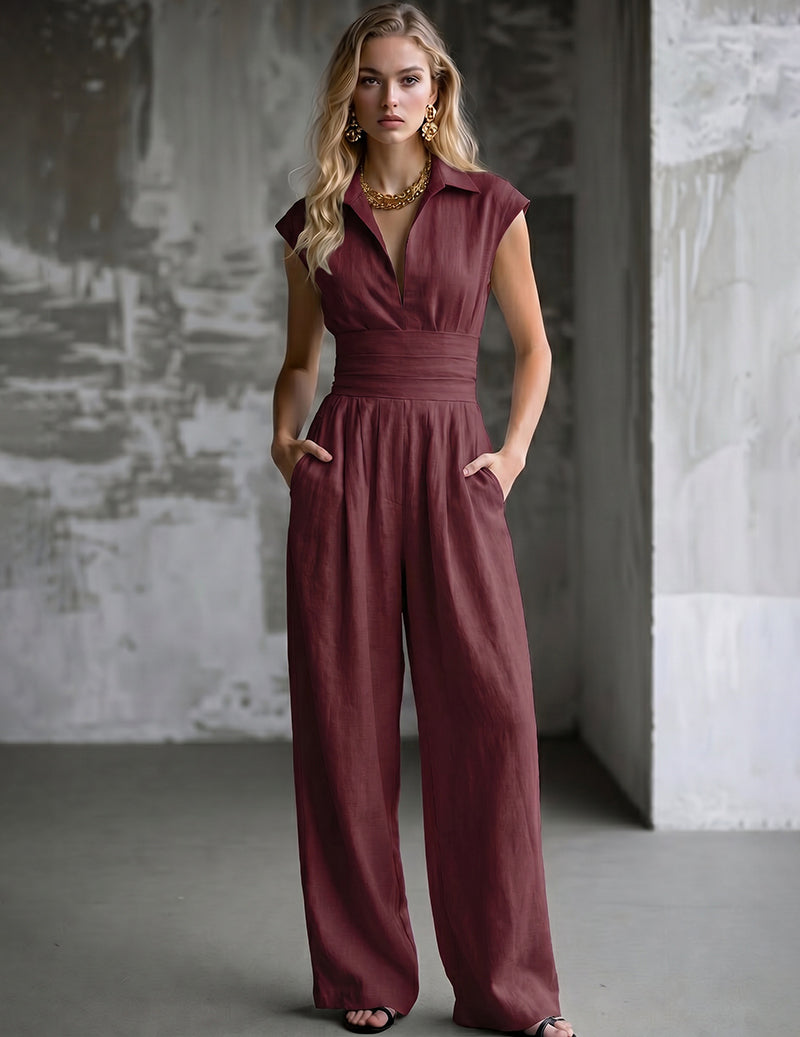 Mock-neck sleeveless slim knit jumpsuit in wine red, V-neck bodice, wide legs