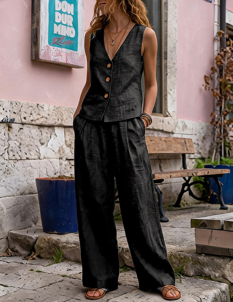 Black sleeveless set with buttoned vest and wide-leg pants