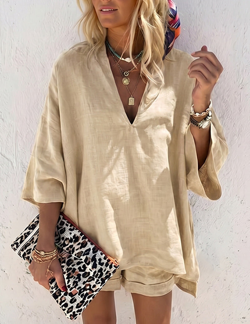 Light cream soft lounge set with V-neck tunic top and matching short bottoms