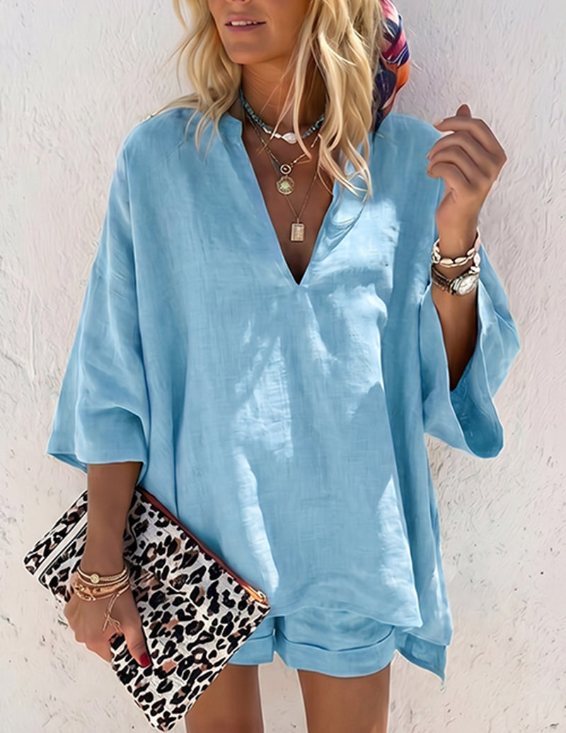 Sky blue soft lounge set with V-neck tunic top and matching short bottoms