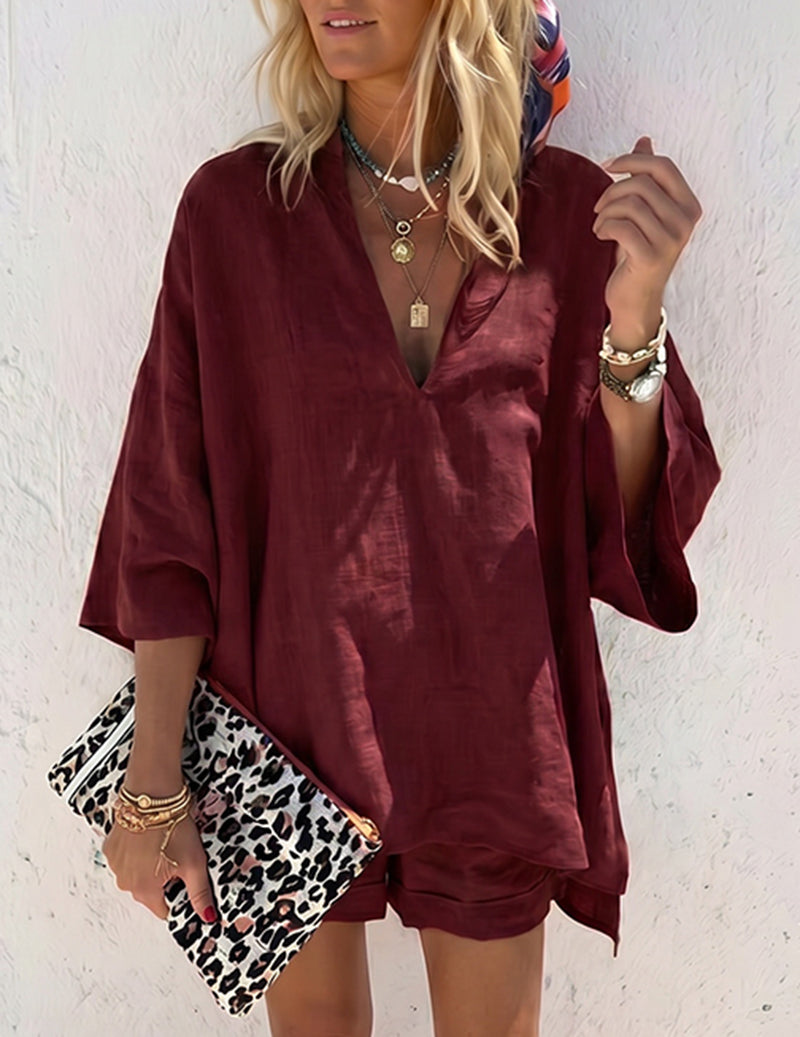 Burgundy soft lounge set with V-neck tunic top and matching short bottoms