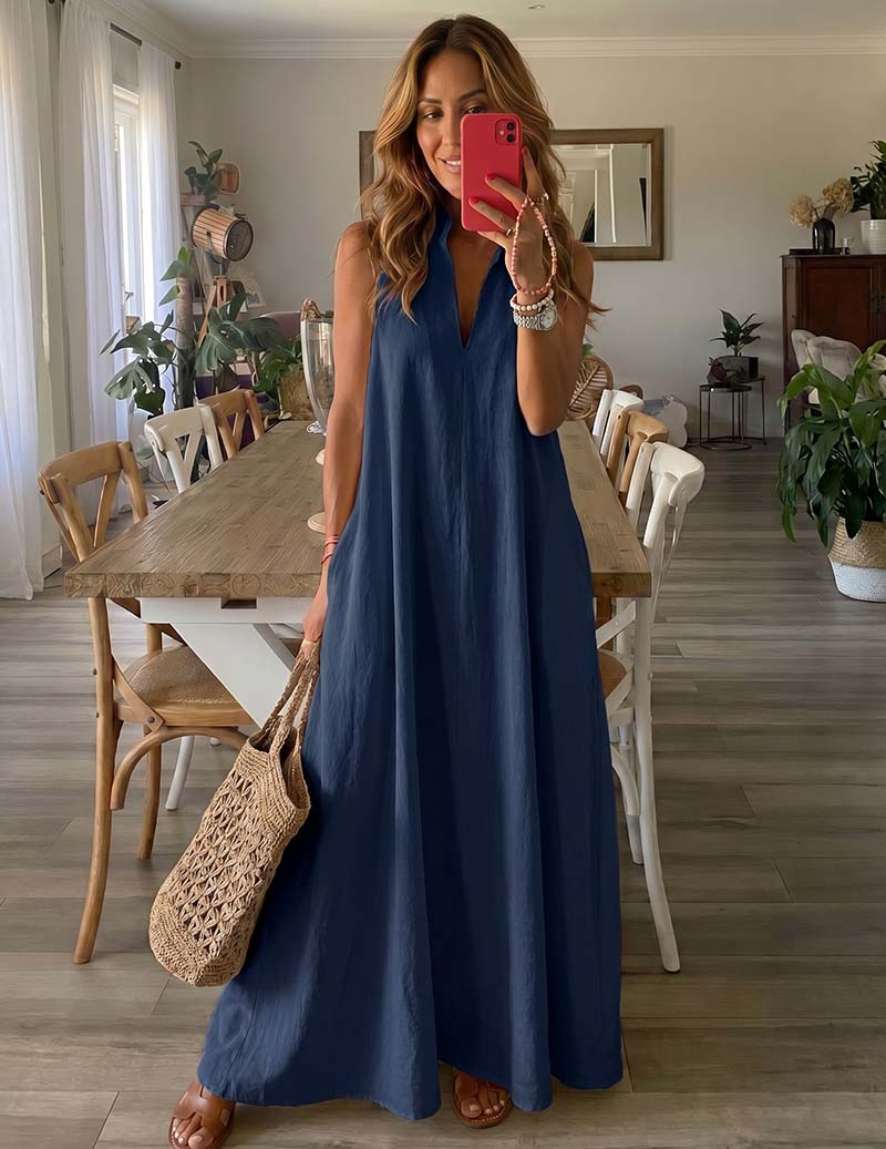 Sleeveless V-neck maxi lounge dress in navy blue, flowing A-line fit