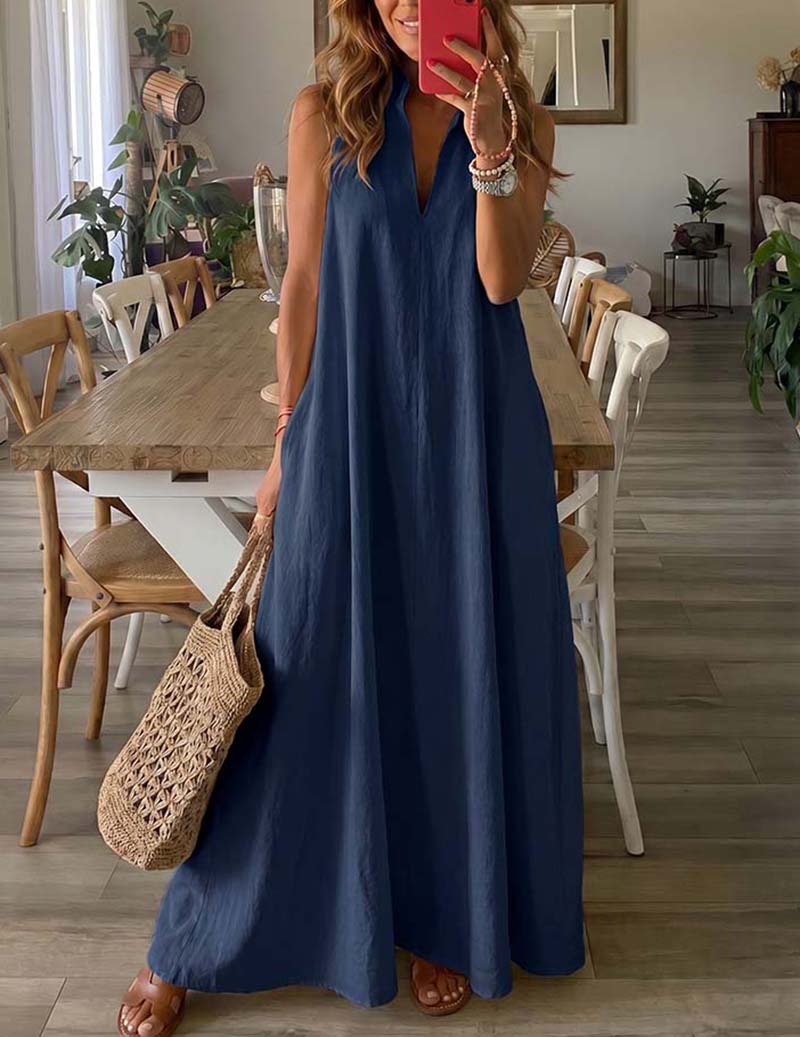 Sleeveless V-neck maxi lounge dress in dark navy blue, flowing A-line fit