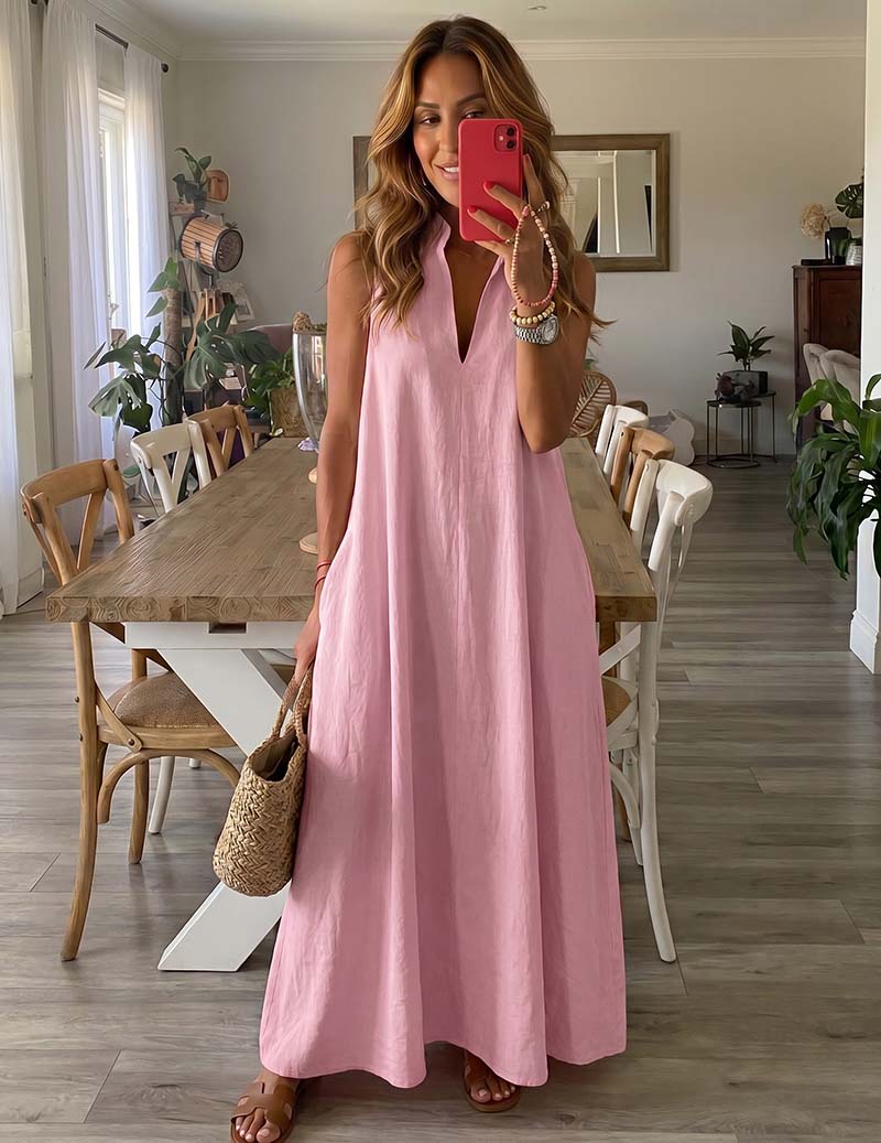 Sleeveless V-neck maxi lounge dress in soft pink, flowing A-line fit