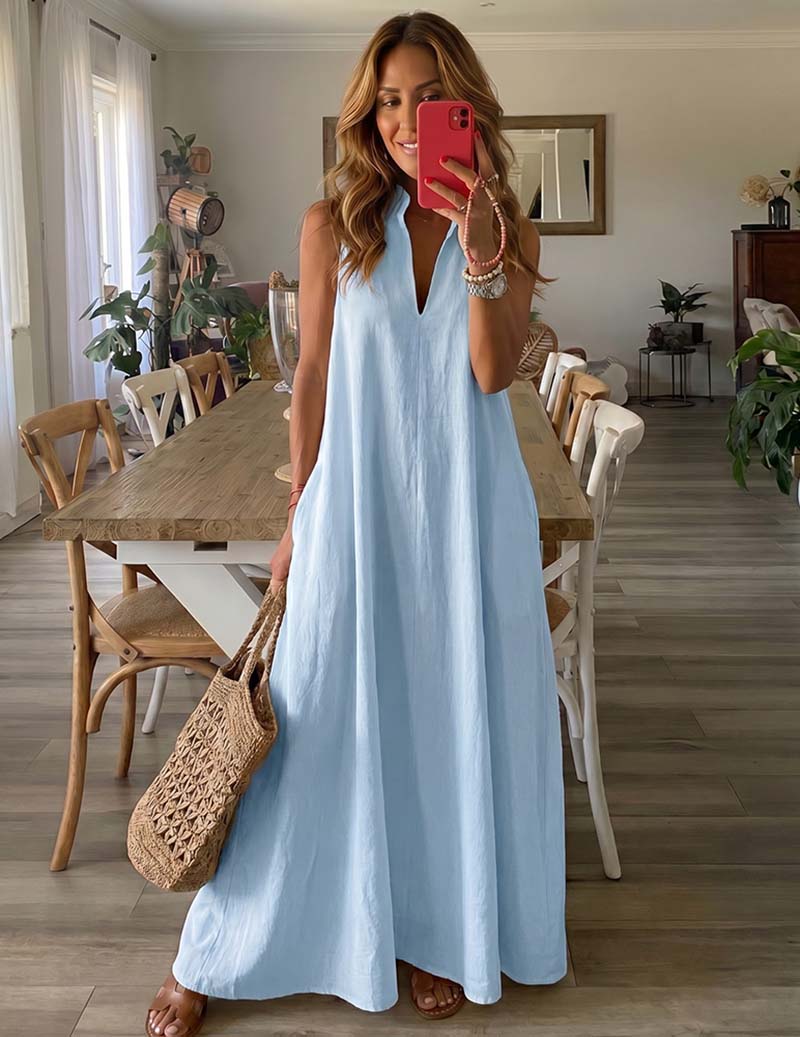 Sleeveless V-neck maxi lounge dress in light blue, flowing A-line fit