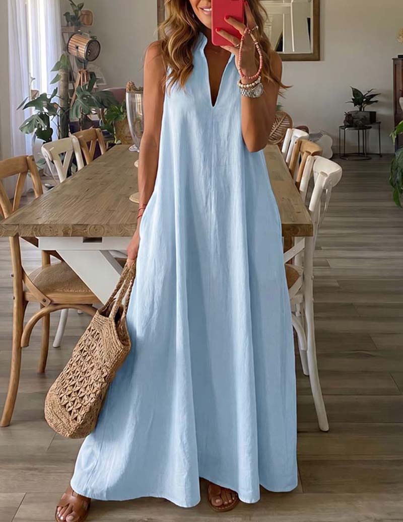Sleeveless V-neck maxi lounge dress in light sky blue, flowing A-line fit