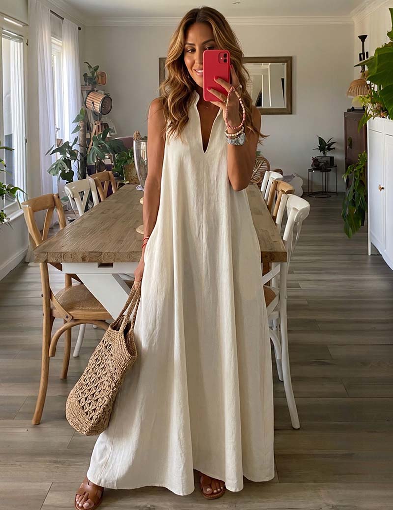 Sleeveless V-neck maxi lounge dress in off-white, flowing A-line fit