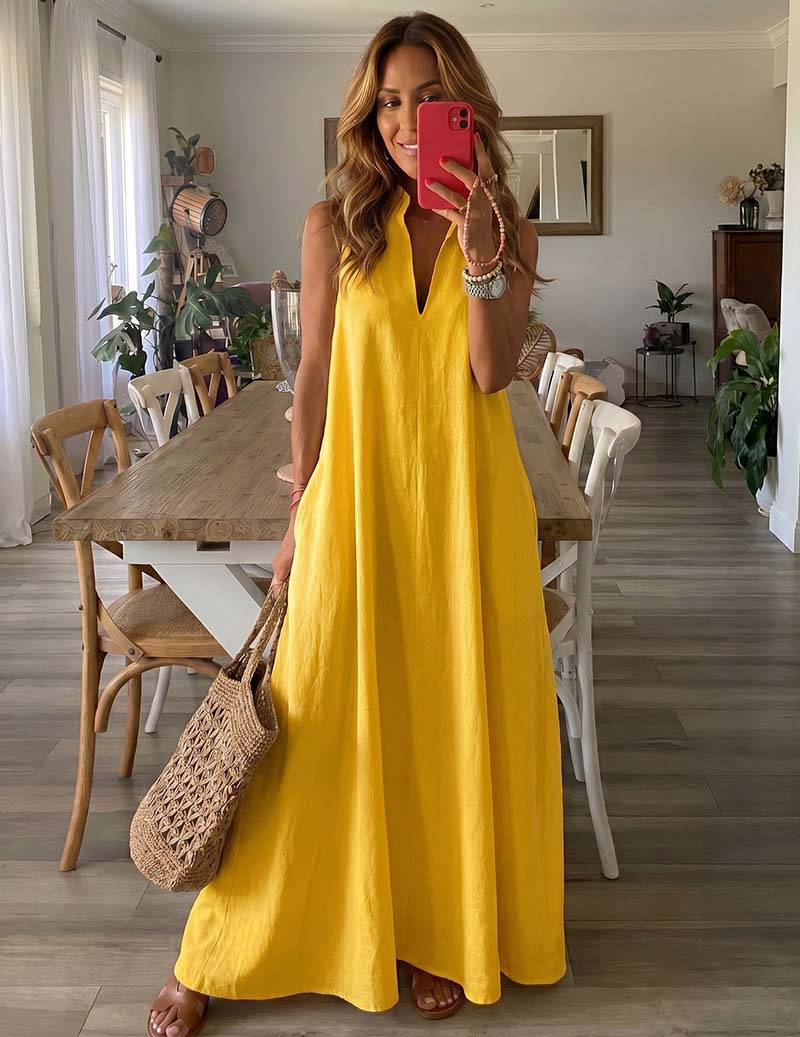 Sleeveless V-neck maxi lounge dress in bright yellow, flowing A-line fit