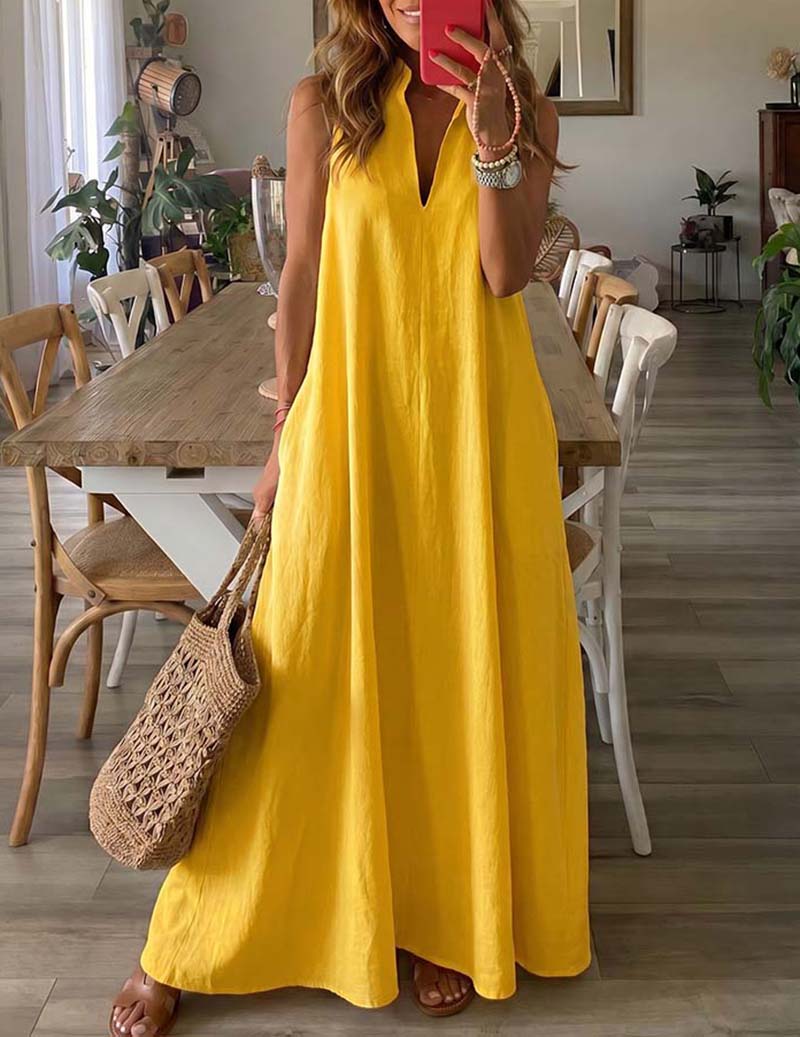 Sleeveless V-neck maxi lounge dress in golden yellow, flowing A-line fit