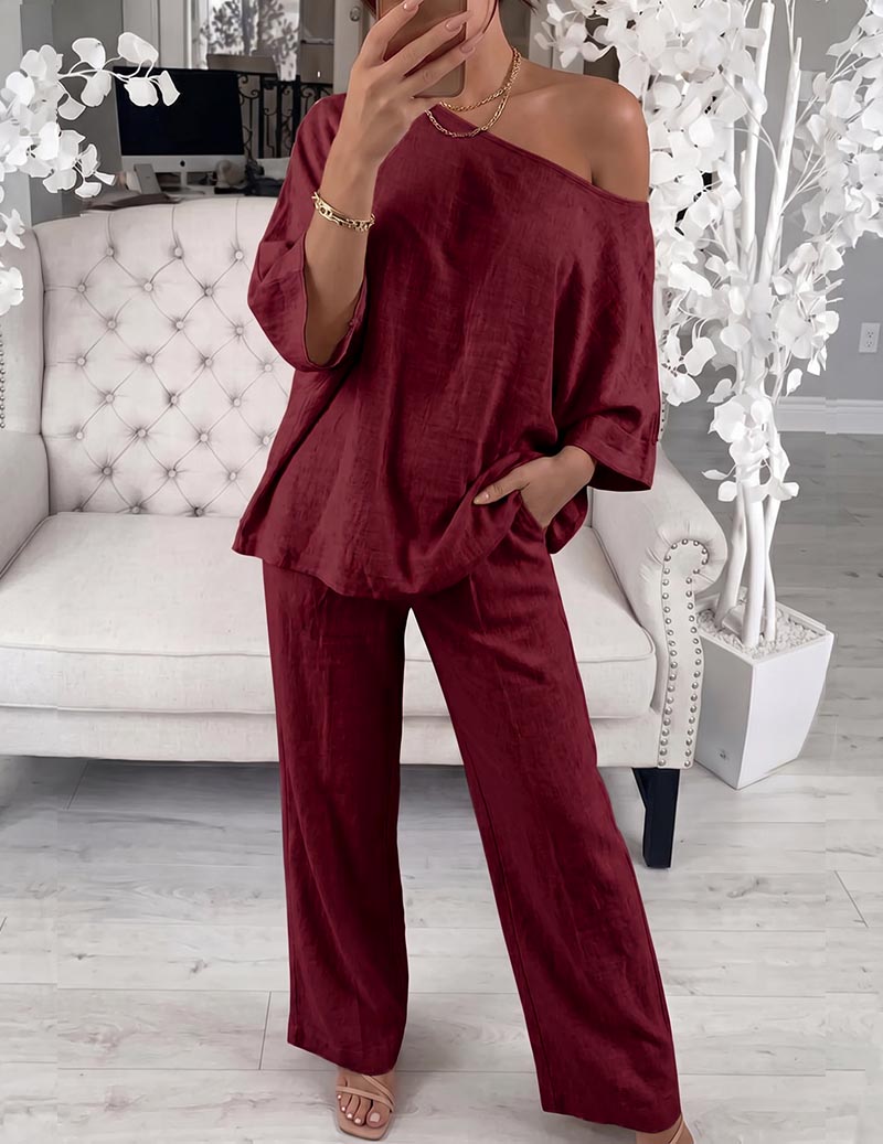 Burgundy off-shoulder lounge set with loose top and wide-leg pants