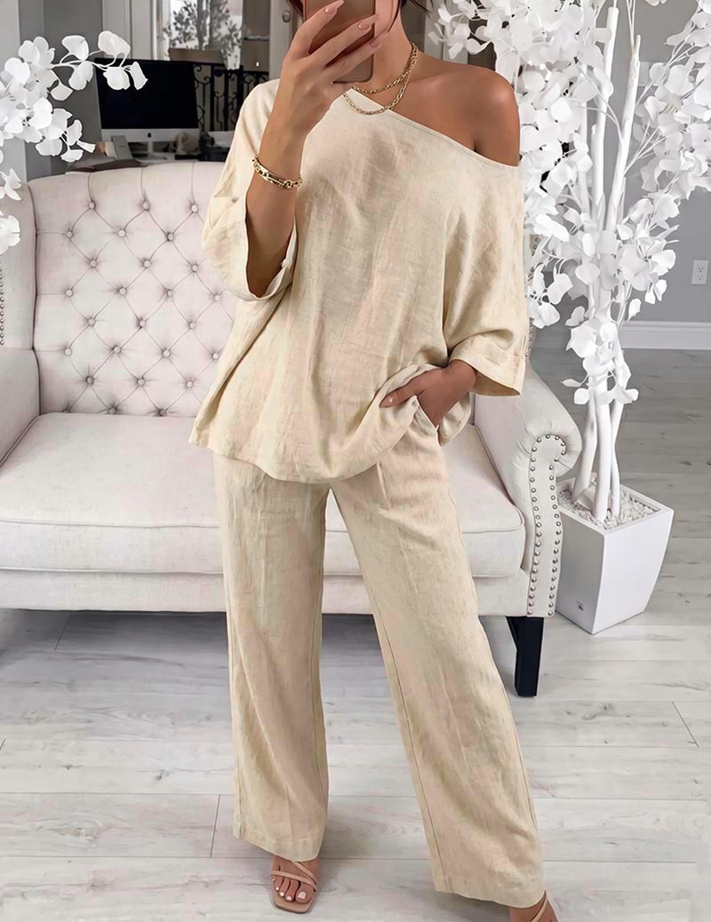 Polyester lounge set in khaki: off-shoulder loose top and wide-leg pants.