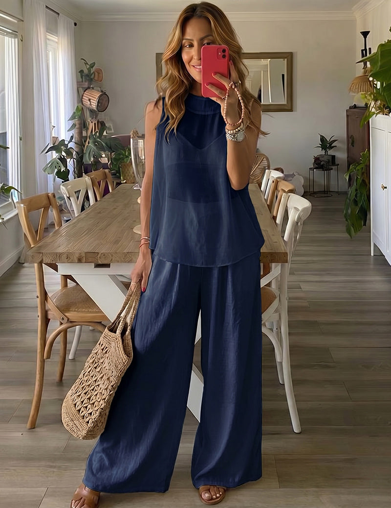 Navy blue lounge set with sleeveless longline top and wide-leg pants