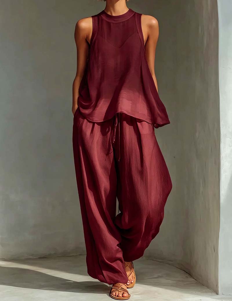 Ekouaer Women's Soft Lounge Set Soft 95% Polyester Homewear - Wine Red