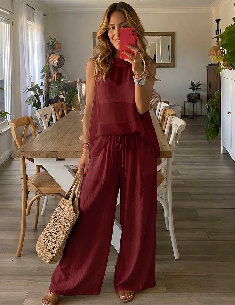 Wine red lounge set with sleeveless longline top and wide-leg pants