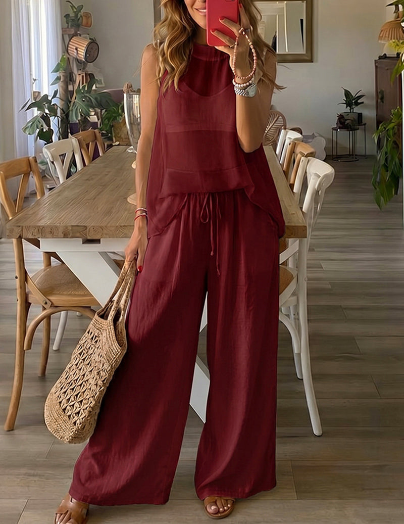 Wine red lounge set with sleeveless tunic top and draped wide-leg pants