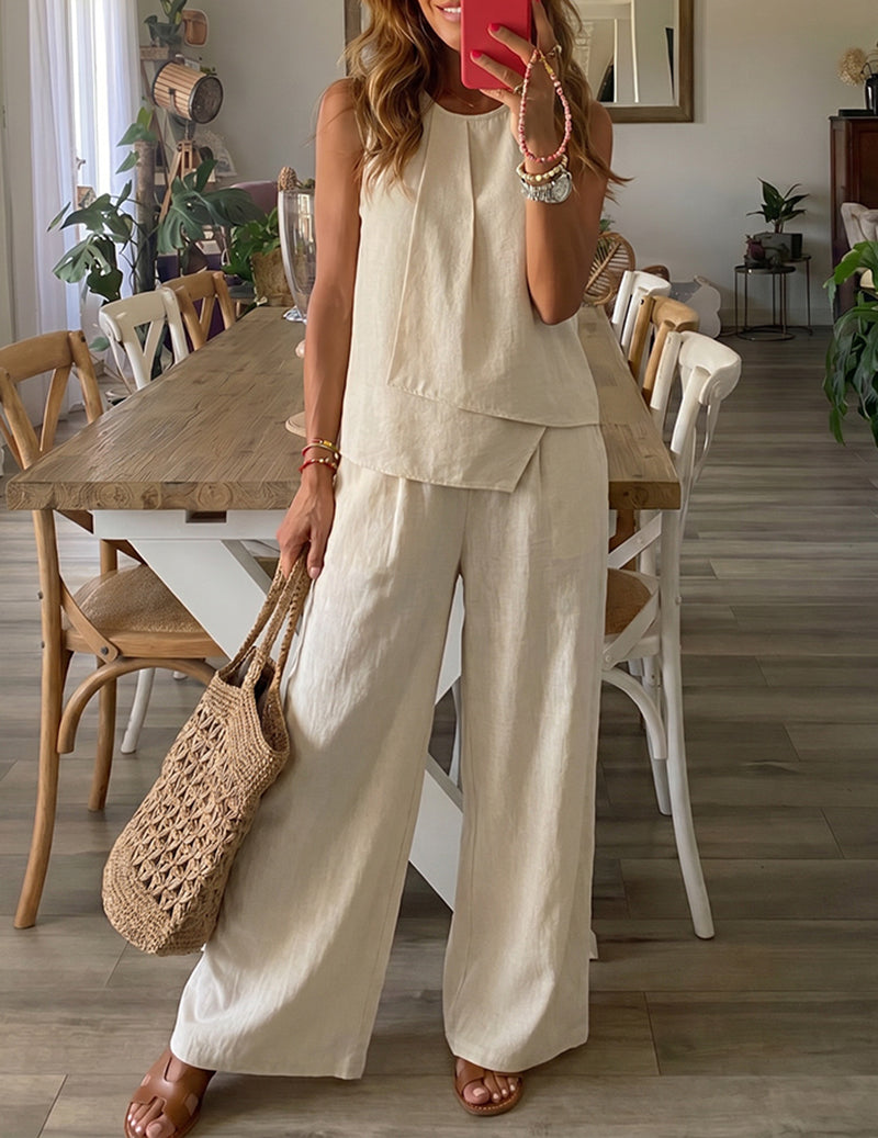 Apricot sleeveless lounge set with layered tiers and wide-leg pants.